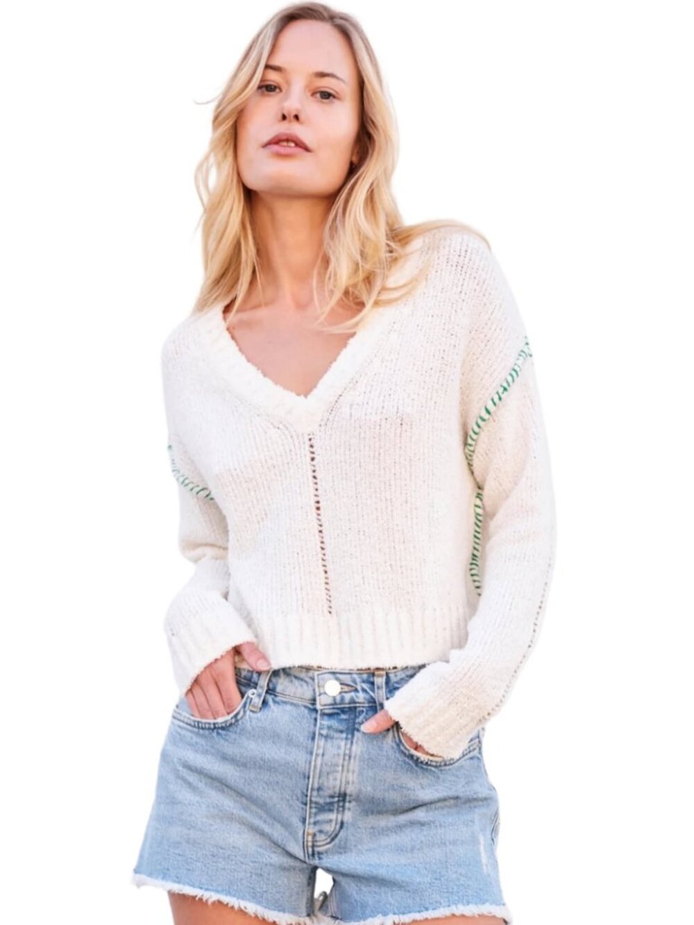 Sundry Cream V-Neck Sweater with Green Stitch Detail – Size Small NWT